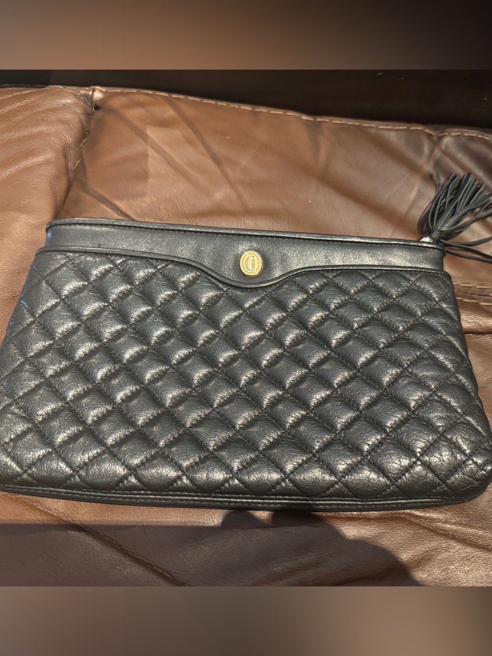 Women's vintage Ganon Quilted Black Genuine Leather Clutch with Tassel